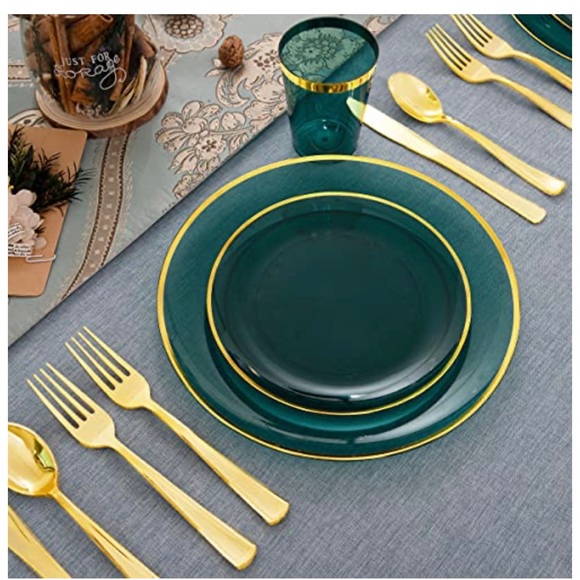 NEW 180pcs Clear Green Plastic Plates,Disposable Gold Plastic Silverware & Cups - Picture 4 of 6